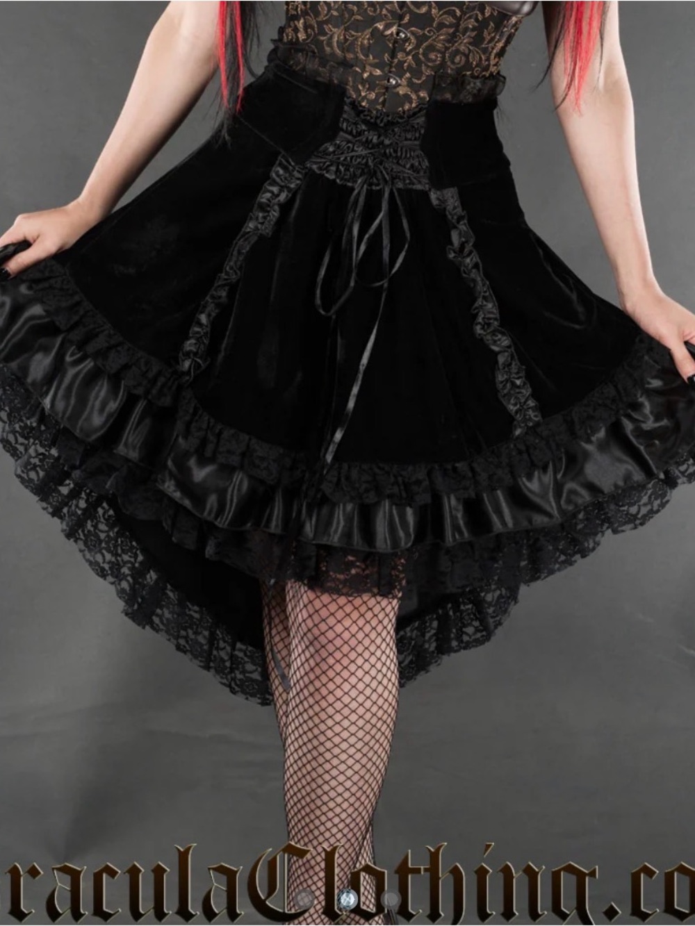 Victorian-Inspired Black High-Low Velvet Lace Skirt